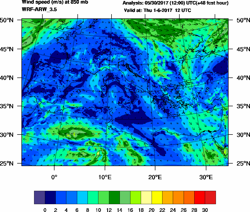 Wind speed (m/s) at 850 mb - 2017-06-01 12:00