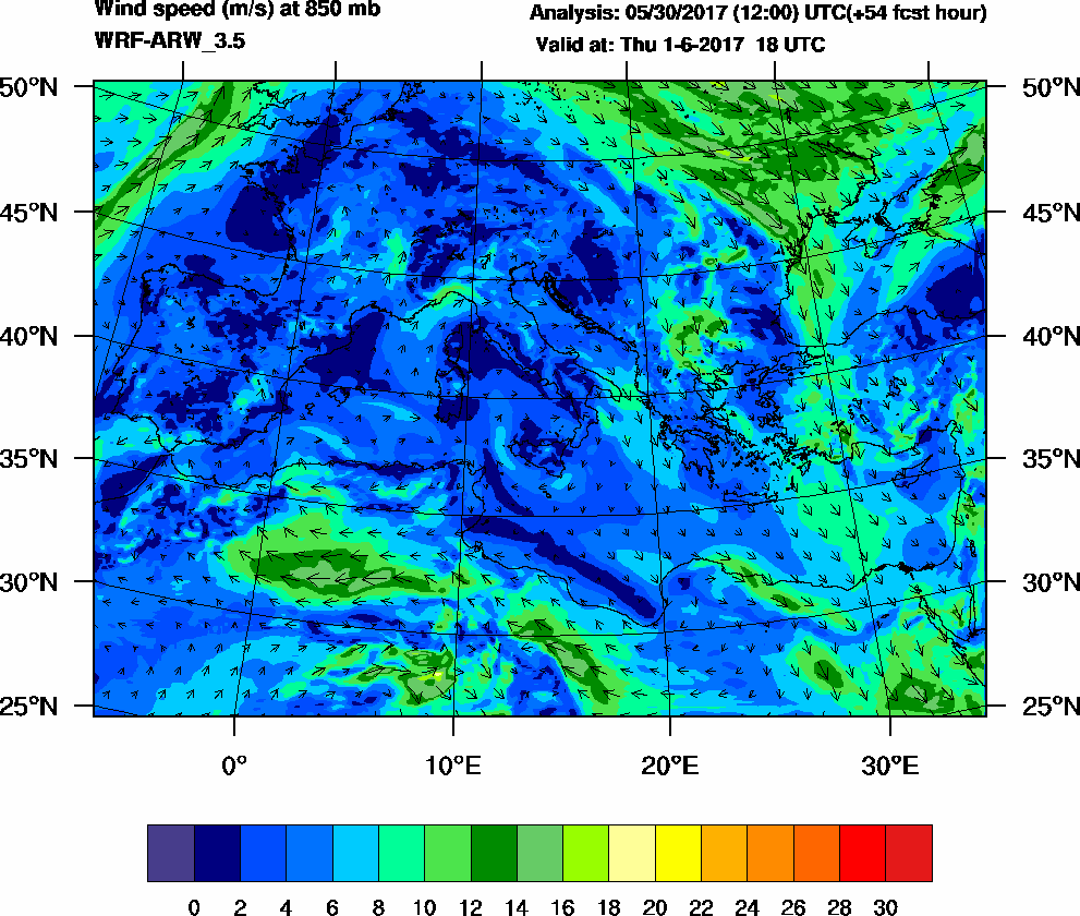 Wind speed (m/s) at 850 mb - 2017-06-01 18:00