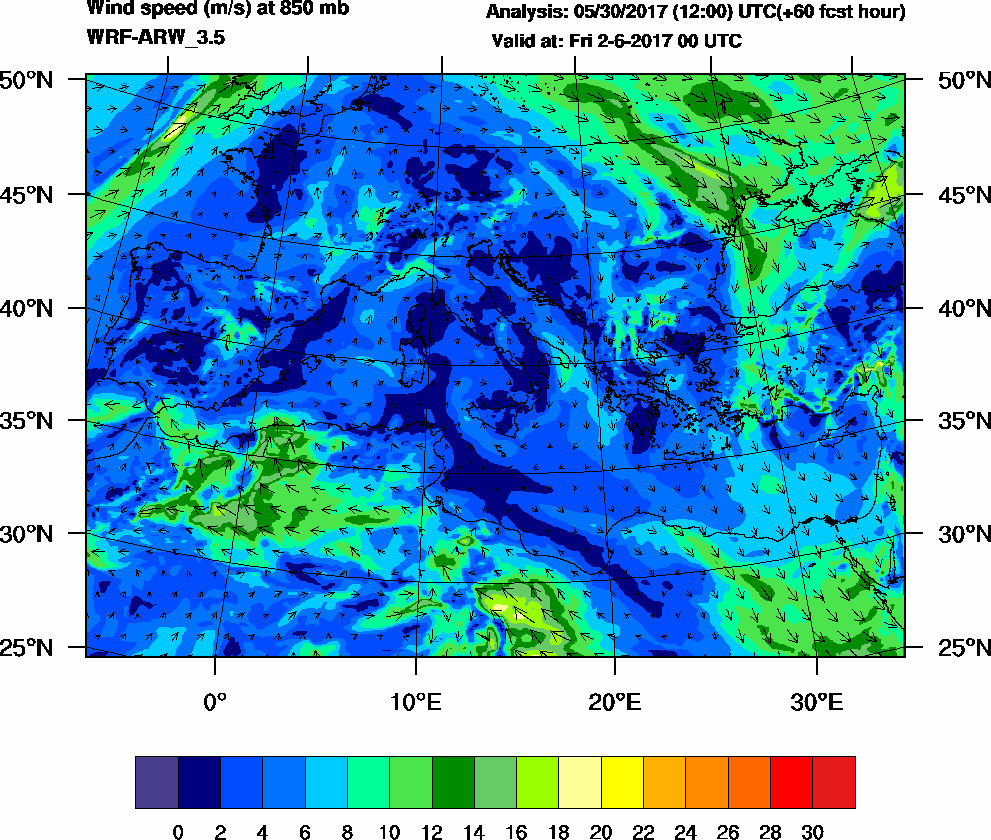 Wind speed (m/s) at 850 mb - 2017-06-02 00:00