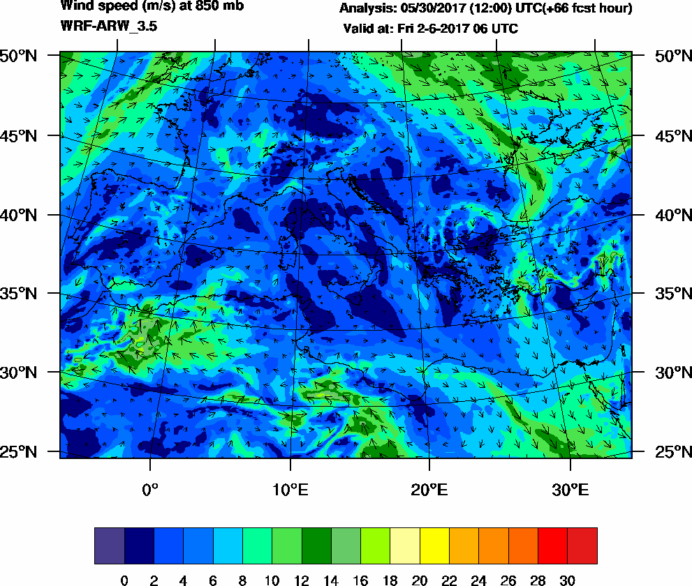 Wind speed (m/s) at 850 mb - 2017-06-02 06:00