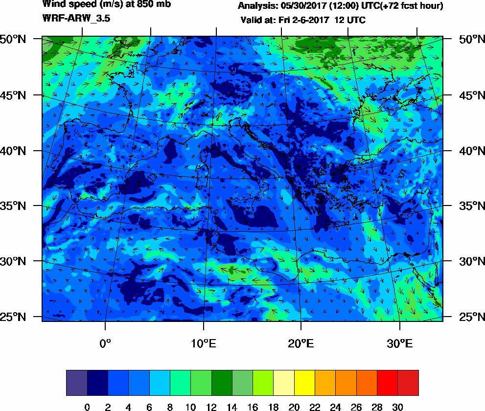 Wind speed (m/s) at 850 mb - 2017-06-02 12:00