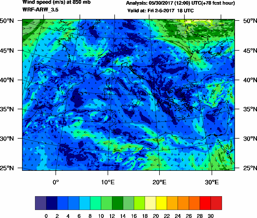 Wind speed (m/s) at 850 mb - 2017-06-02 18:00