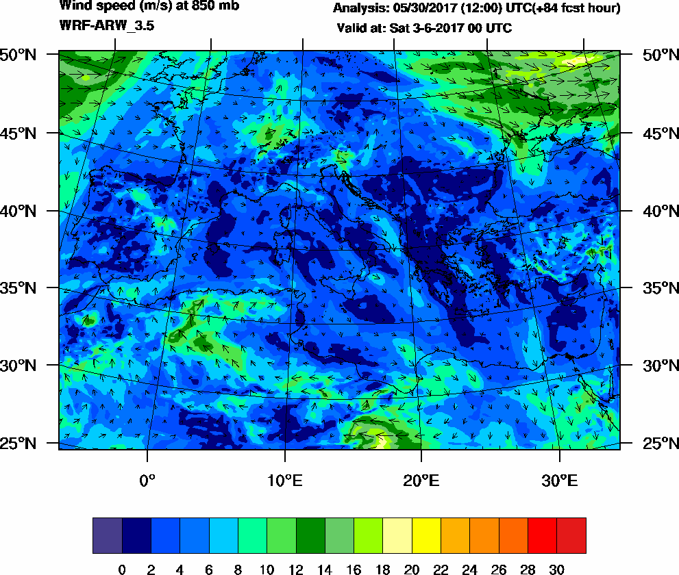 Wind speed (m/s) at 850 mb - 2017-06-03 00:00