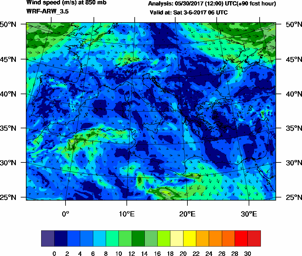 Wind speed (m/s) at 850 mb - 2017-06-03 06:00