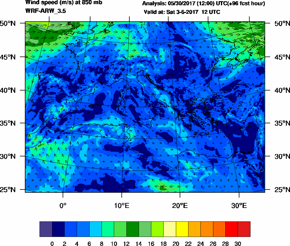 Wind speed (m/s) at 850 mb - 2017-06-03 12:00