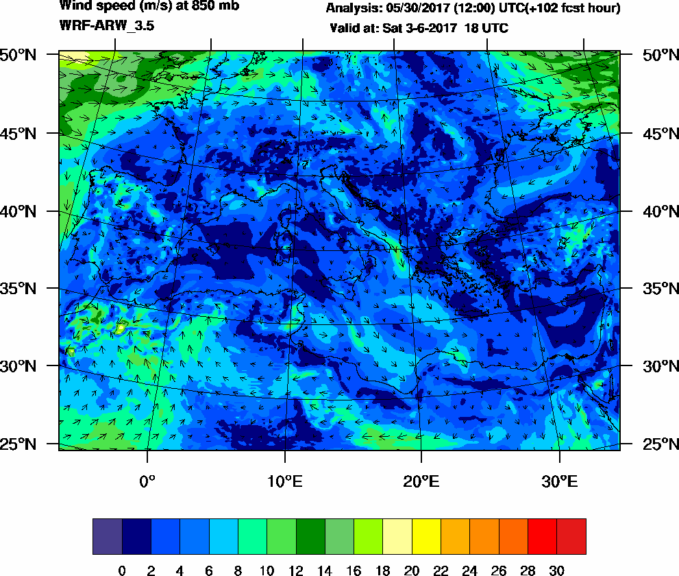 Wind speed (m/s) at 850 mb - 2017-06-03 18:00