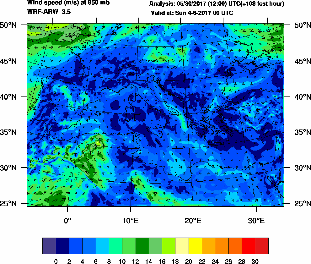 Wind speed (m/s) at 850 mb - 2017-06-04 00:00