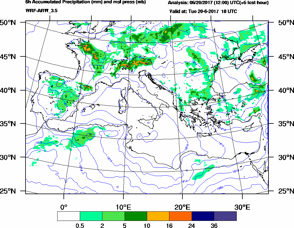 6h Accumulated Precipitation (mm) and msl press (mb) - 2017-06-20 12:00