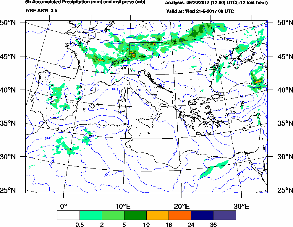 6h Accumulated Precipitation (mm) and msl press (mb) - 2017-06-20 18:00
