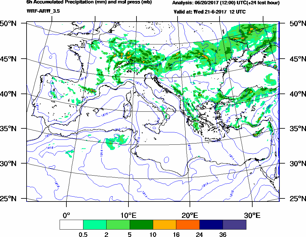 6h Accumulated Precipitation (mm) and msl press (mb) - 2017-06-21 06:00