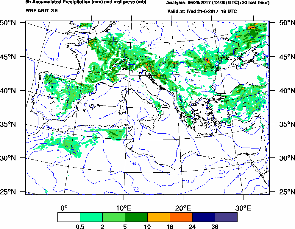 6h Accumulated Precipitation (mm) and msl press (mb) - 2017-06-21 12:00