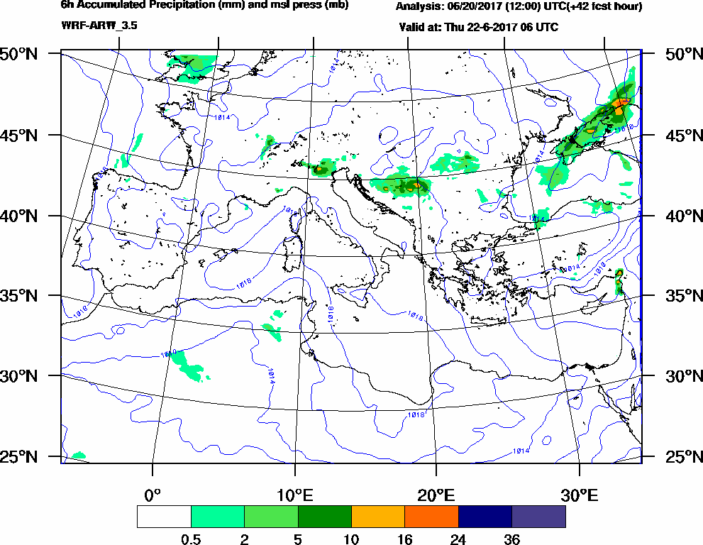 6h Accumulated Precipitation (mm) and msl press (mb) - 2017-06-22 00:00