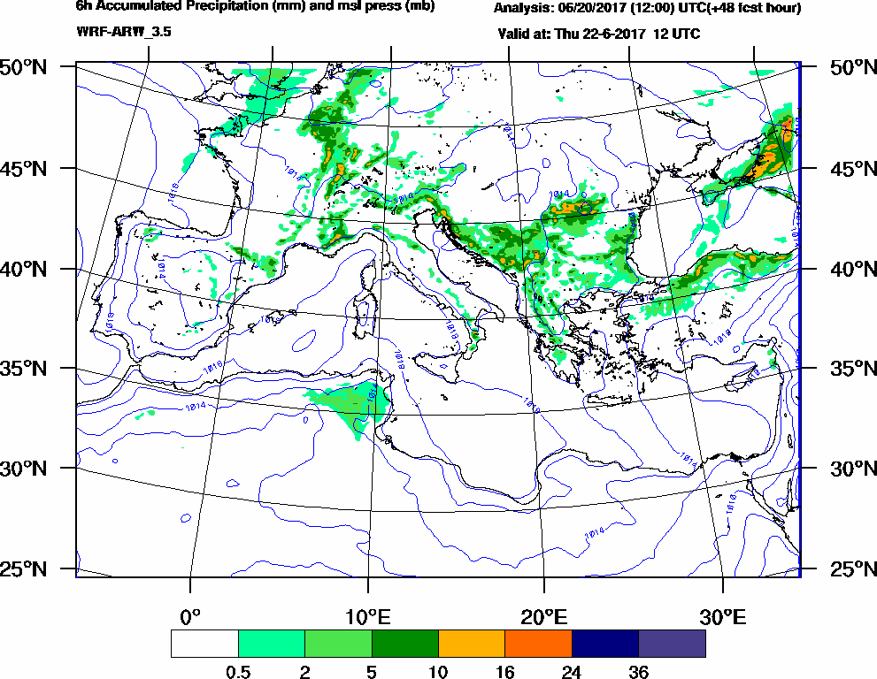 6h Accumulated Precipitation (mm) and msl press (mb) - 2017-06-22 06:00