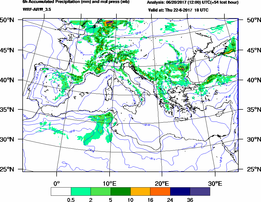 6h Accumulated Precipitation (mm) and msl press (mb) - 2017-06-22 12:00