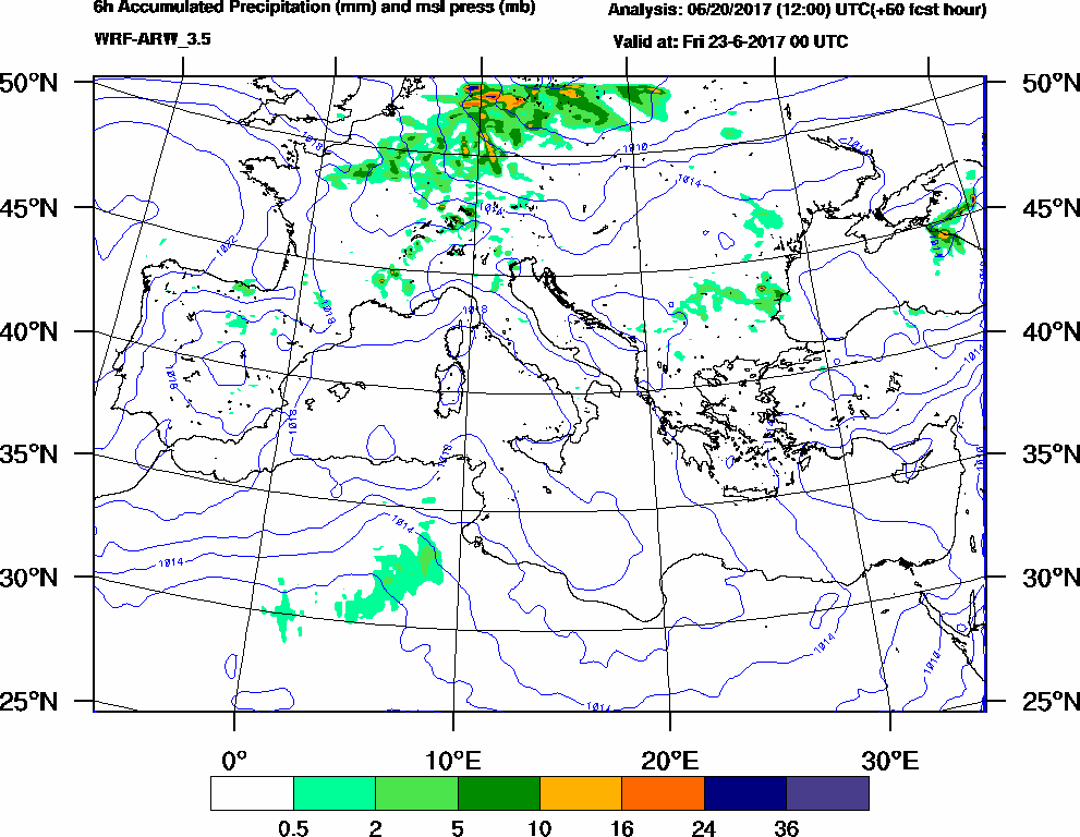 6h Accumulated Precipitation (mm) and msl press (mb) - 2017-06-22 18:00