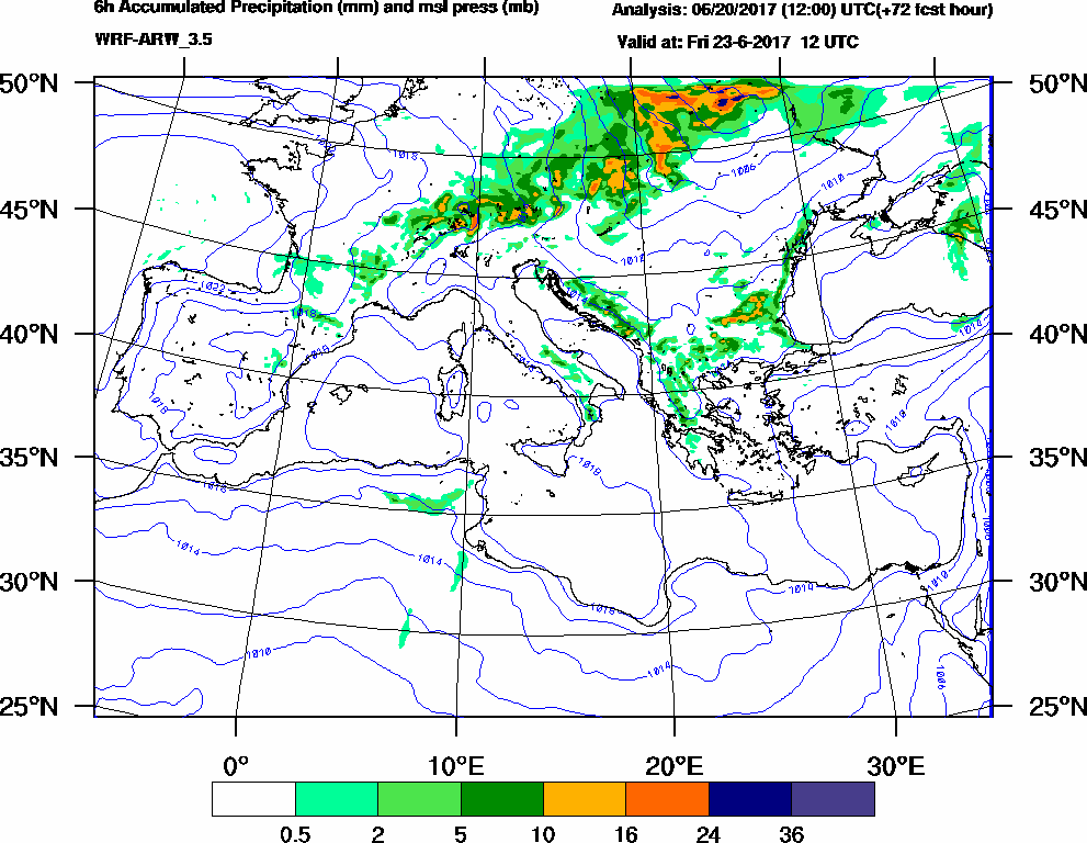 6h Accumulated Precipitation (mm) and msl press (mb) - 2017-06-23 06:00