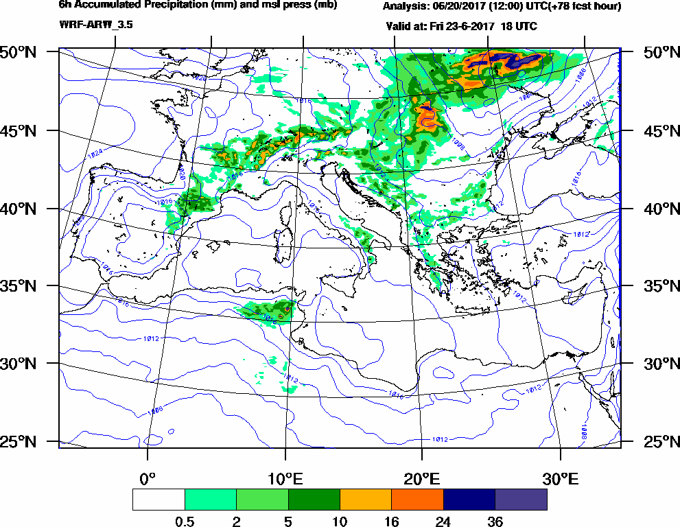 6h Accumulated Precipitation (mm) and msl press (mb) - 2017-06-23 12:00