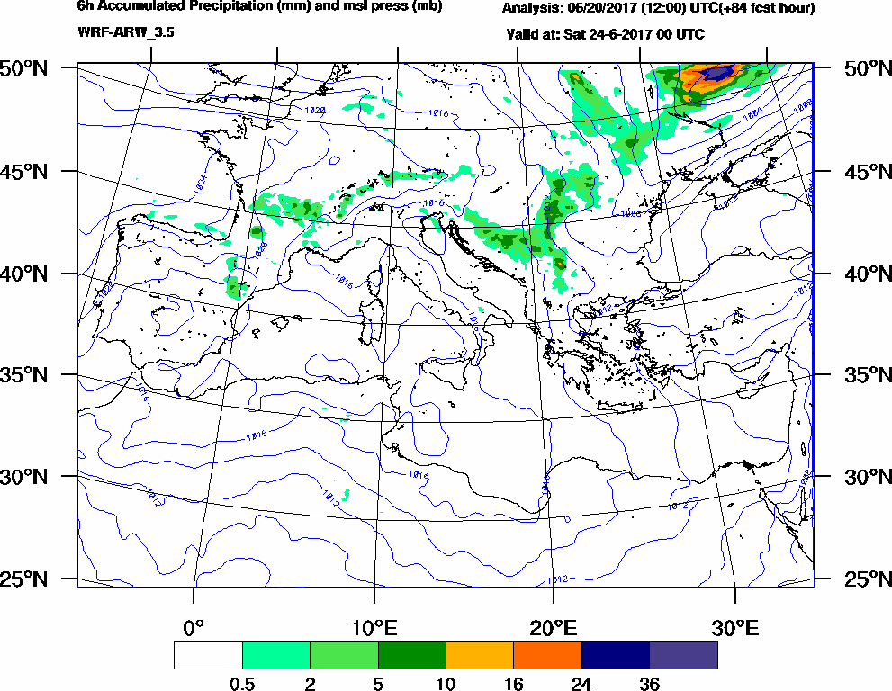 6h Accumulated Precipitation (mm) and msl press (mb) - 2017-06-23 18:00