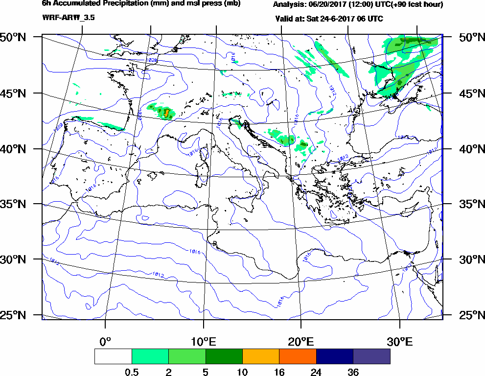 6h Accumulated Precipitation (mm) and msl press (mb) - 2017-06-24 00:00