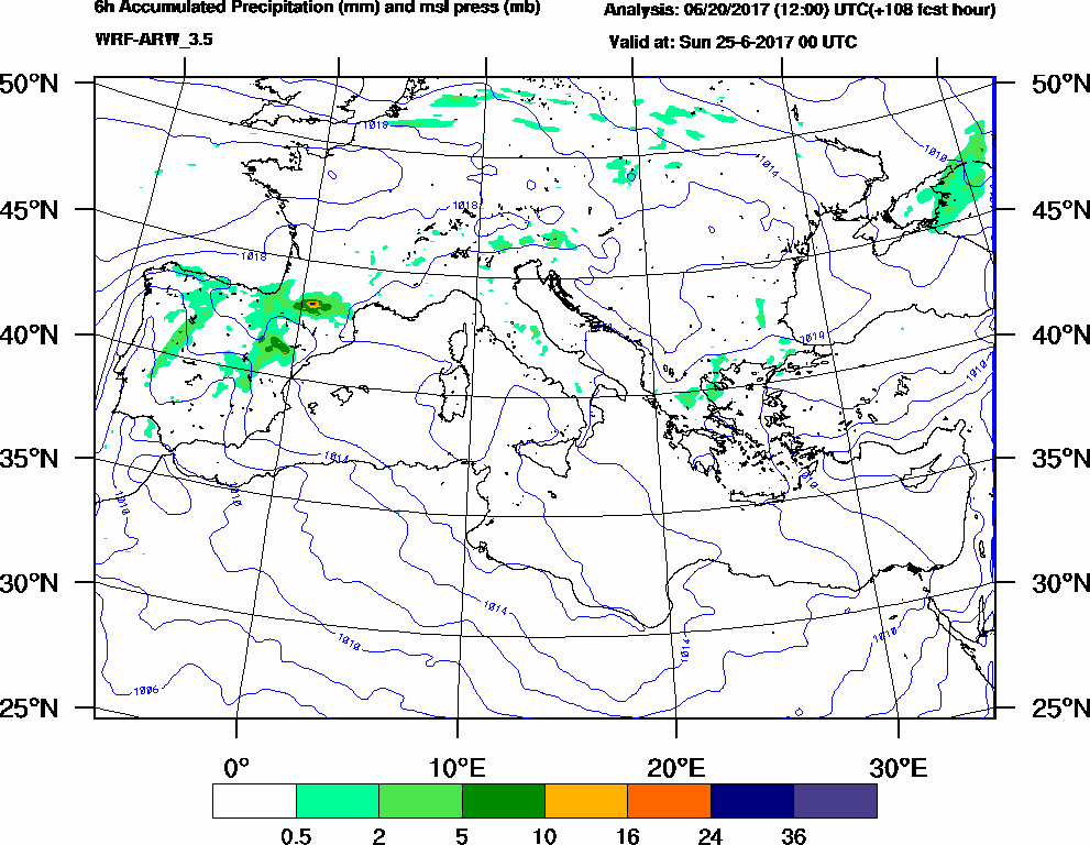 6h Accumulated Precipitation (mm) and msl press (mb) - 2017-06-24 18:00