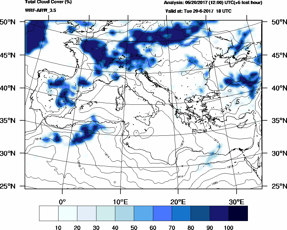 Total cloud cover (%) - 2017-06-20 12:00