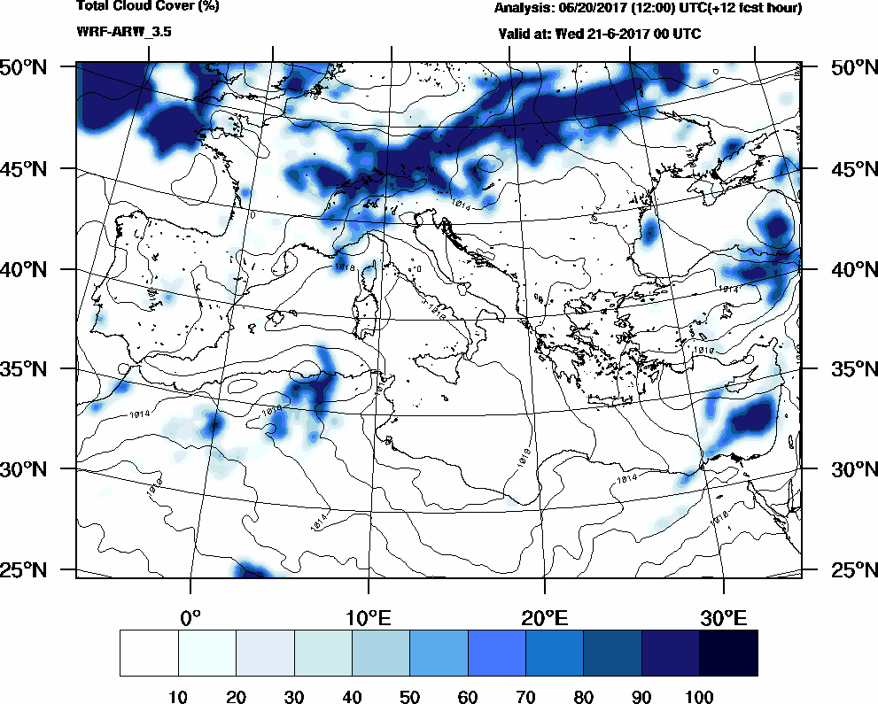 Total cloud cover (%) - 2017-06-20 18:00