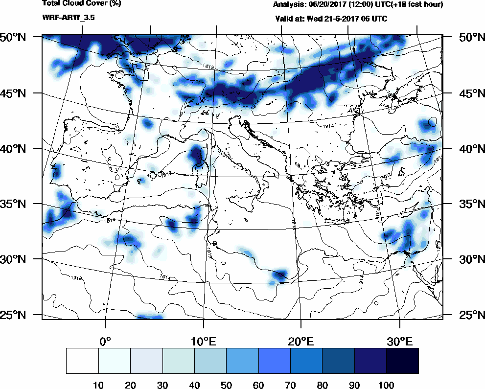 Total cloud cover (%) - 2017-06-21 00:00