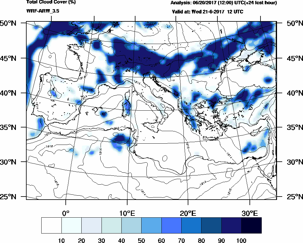 Total cloud cover (%) - 2017-06-21 06:00