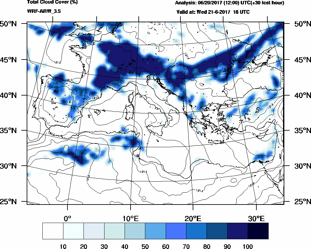 Total cloud cover (%) - 2017-06-21 12:00