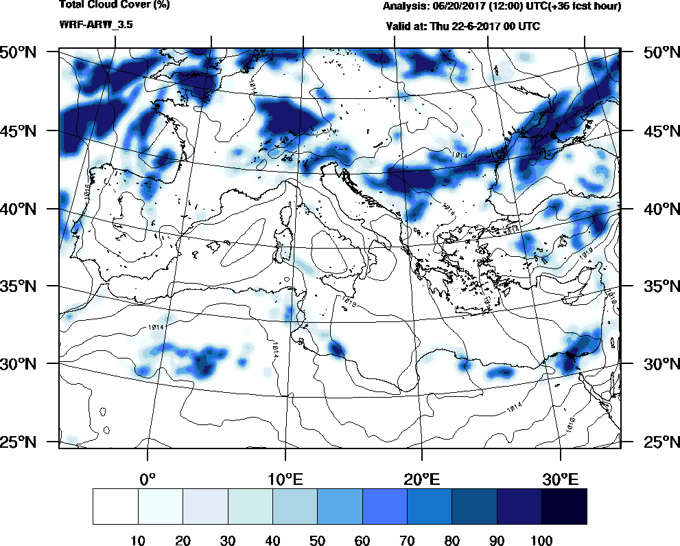 Total cloud cover (%) - 2017-06-21 18:00