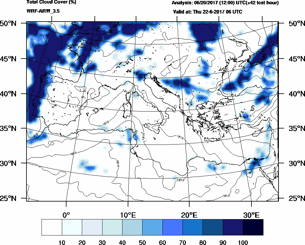 Total cloud cover (%) - 2017-06-22 00:00