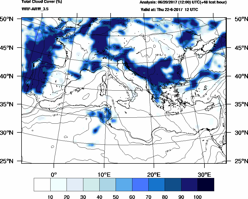 Total cloud cover (%) - 2017-06-22 06:00
