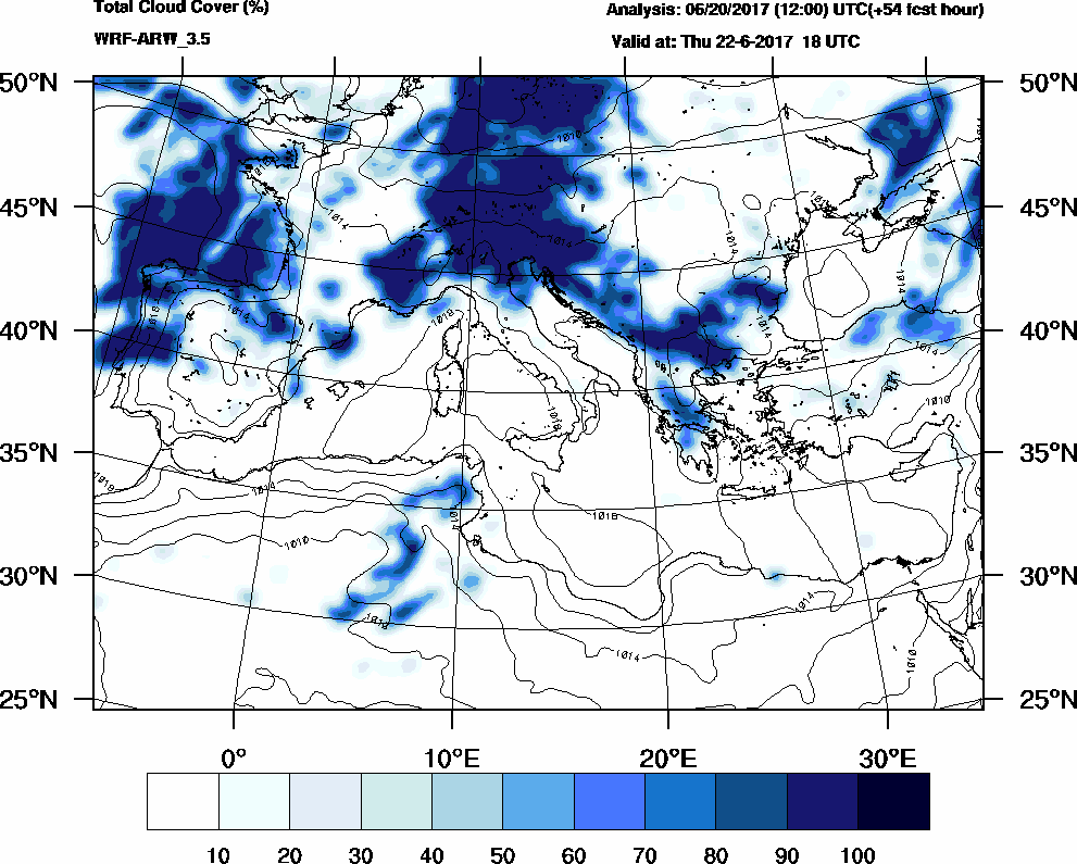 Total cloud cover (%) - 2017-06-22 12:00