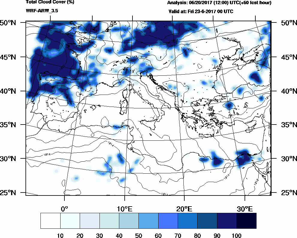 Total cloud cover (%) - 2017-06-22 18:00