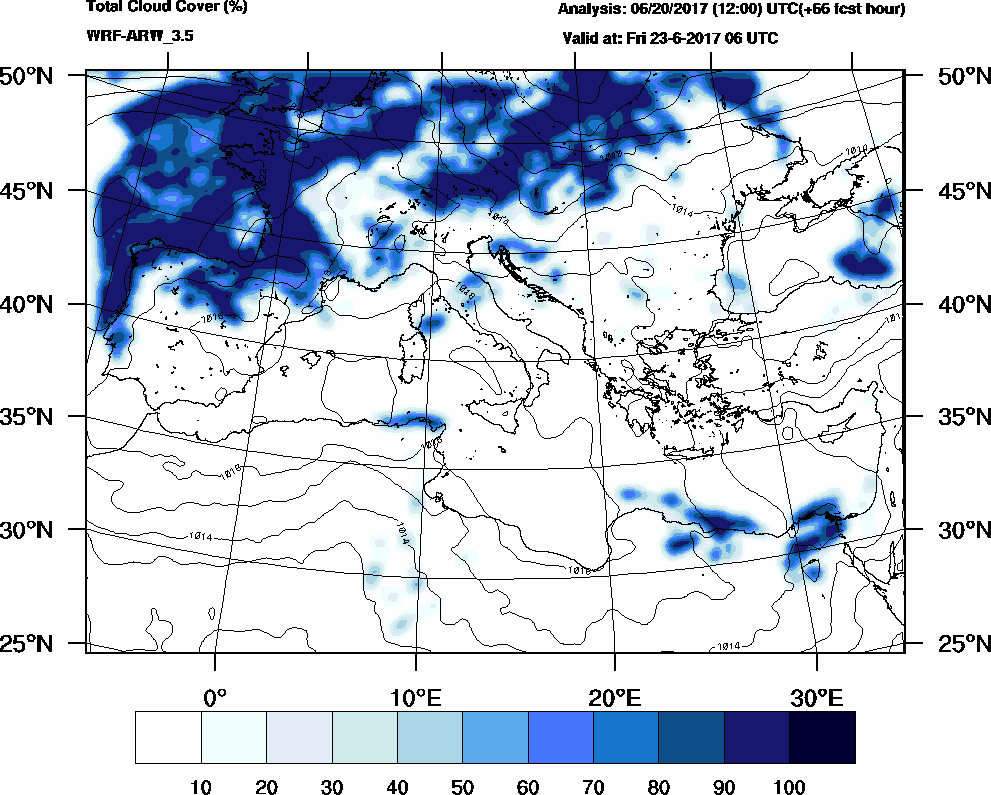 Total cloud cover (%) - 2017-06-23 00:00