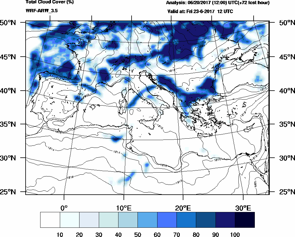 Total cloud cover (%) - 2017-06-23 06:00