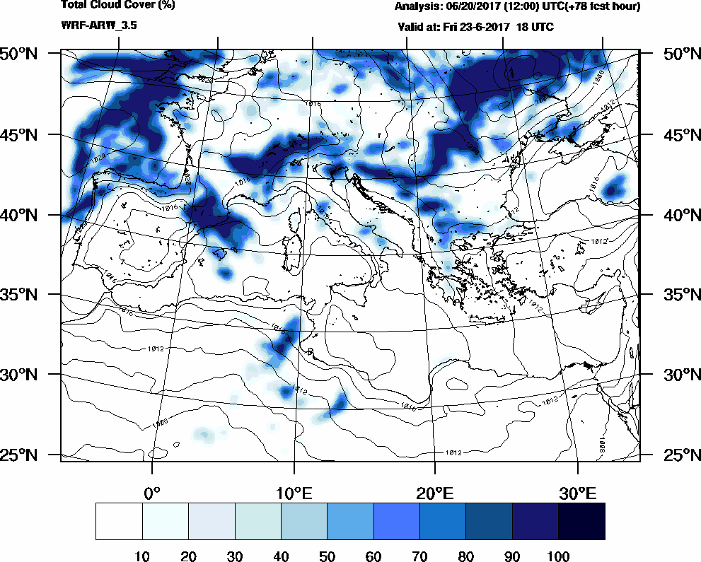 Total cloud cover (%) - 2017-06-23 12:00