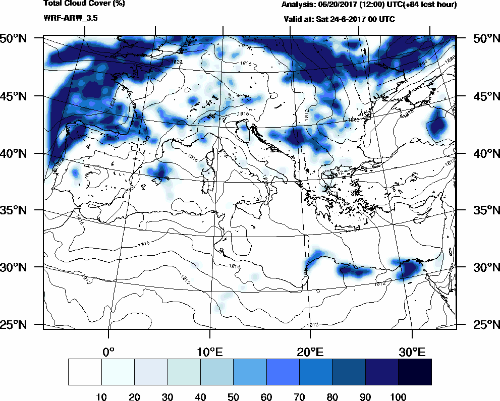 Total cloud cover (%) - 2017-06-23 18:00
