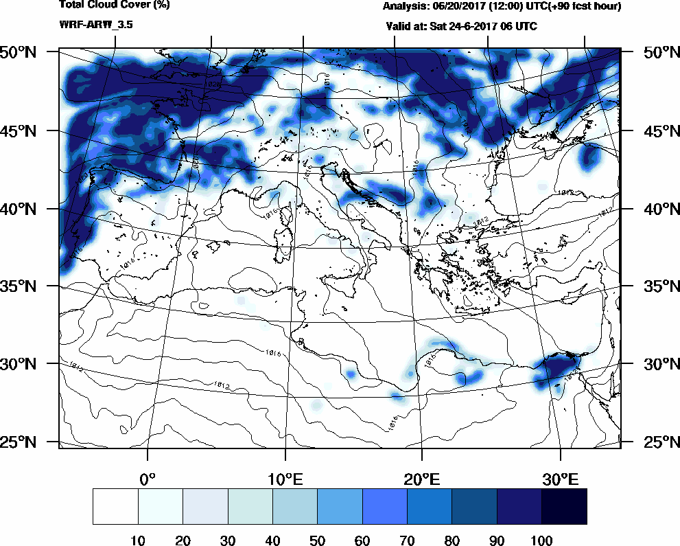 Total cloud cover (%) - 2017-06-24 00:00