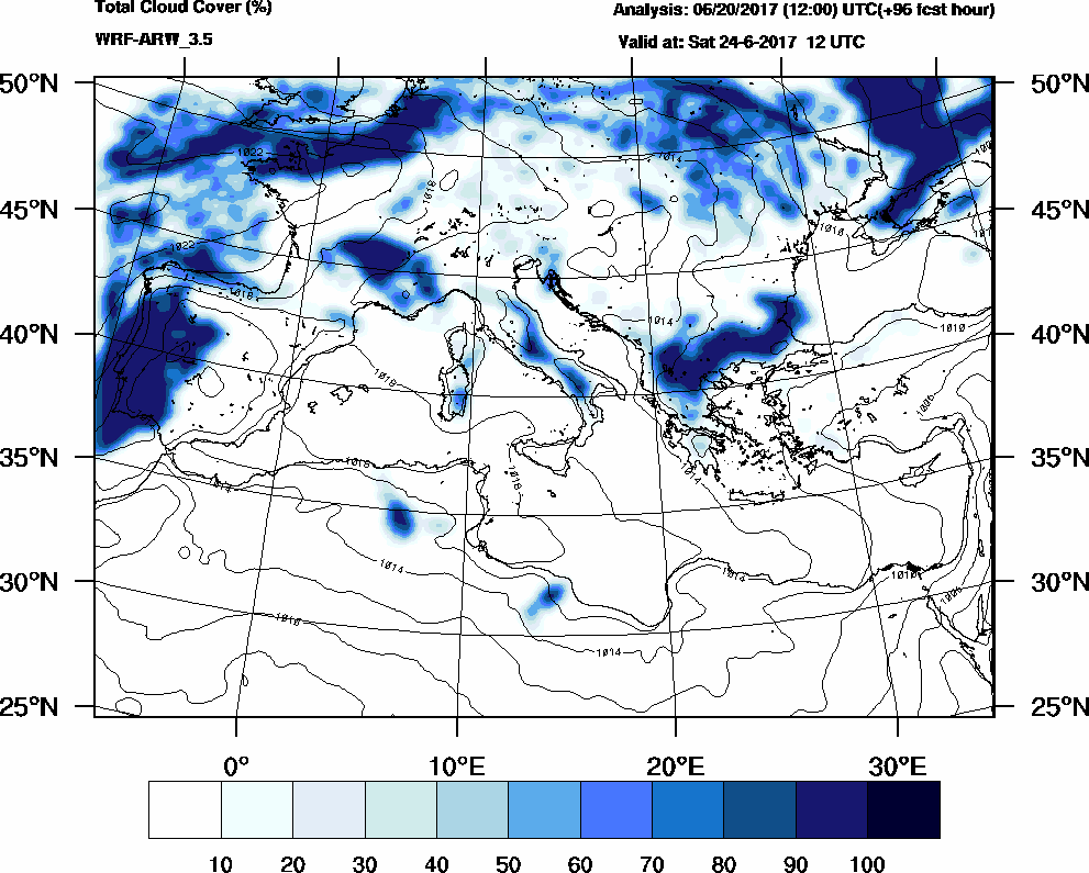 Total cloud cover (%) - 2017-06-24 06:00