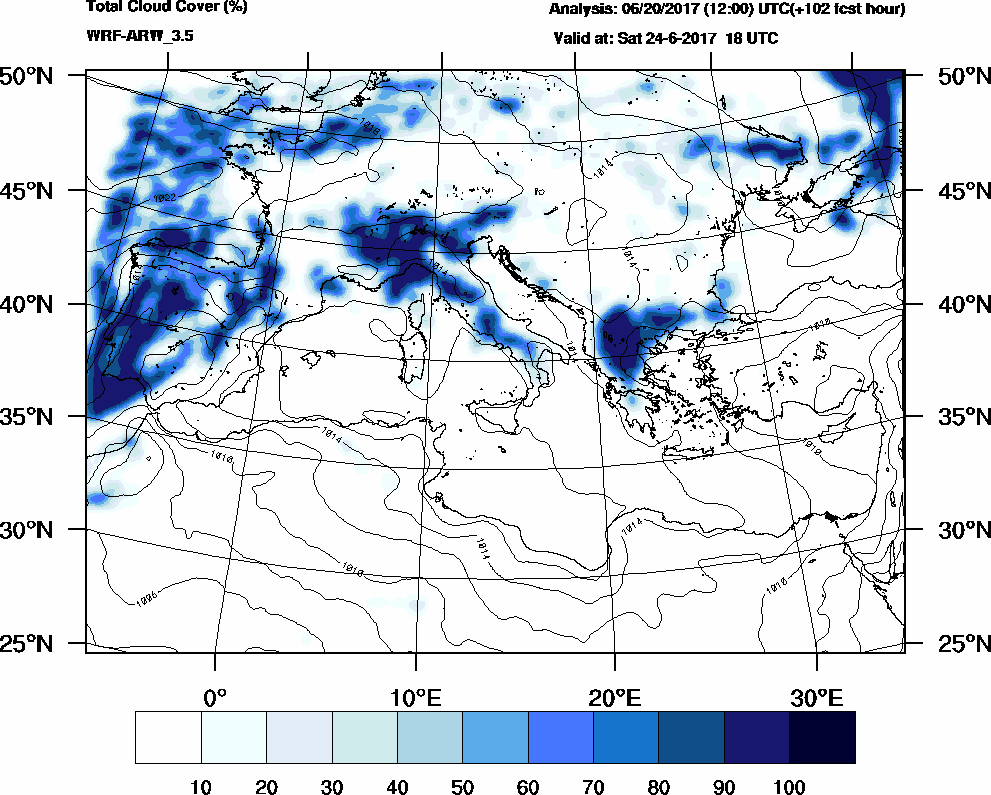 Total cloud cover (%) - 2017-06-24 12:00