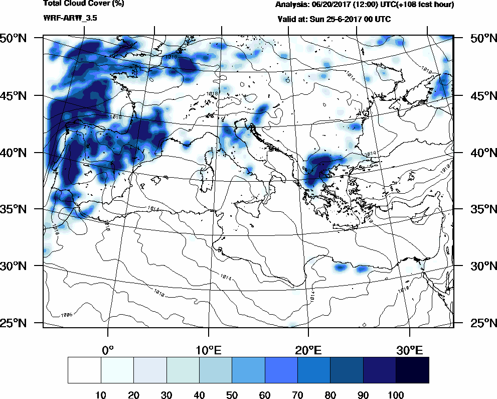 Total cloud cover (%) - 2017-06-24 18:00