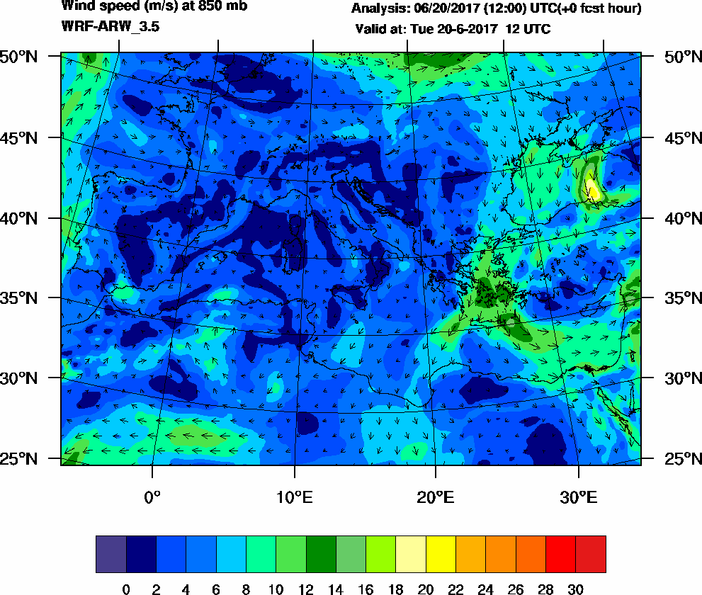 Wind speed (m/s) at 850 mb - 2017-06-20 12:00