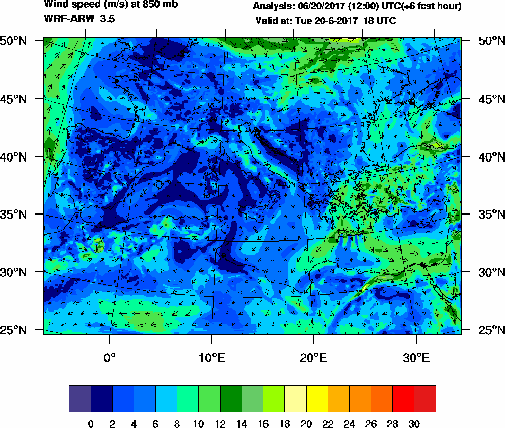 Wind speed (m/s) at 850 mb - 2017-06-20 18:00