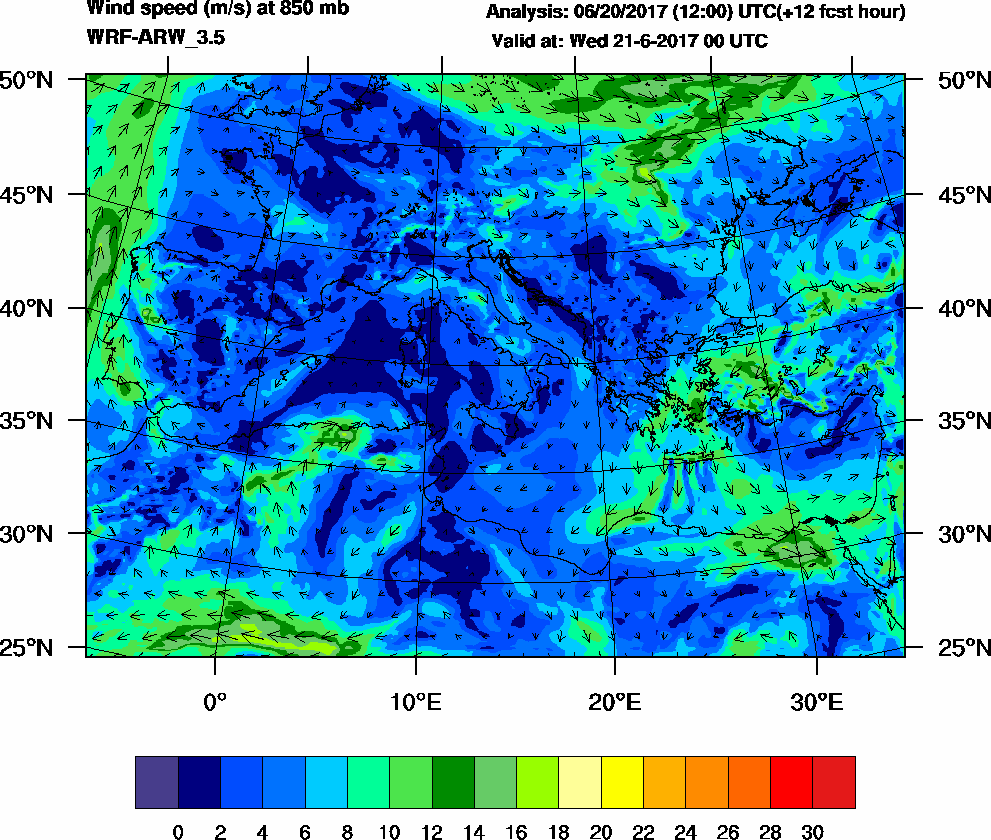 Wind speed (m/s) at 850 mb - 2017-06-21 00:00