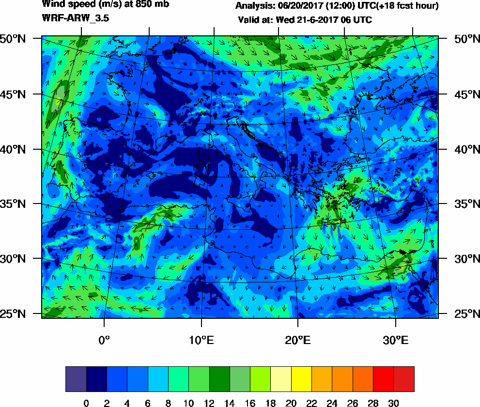 Wind speed (m/s) at 850 mb - 2017-06-21 06:00