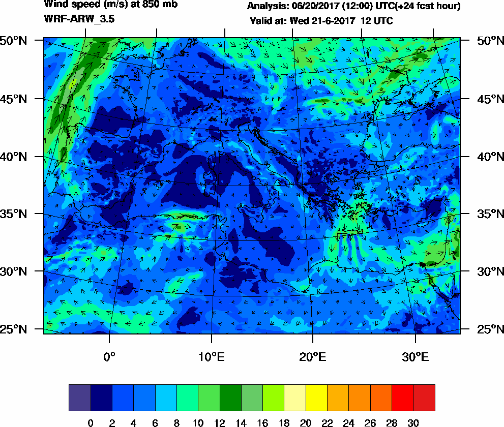 Wind speed (m/s) at 850 mb - 2017-06-21 12:00