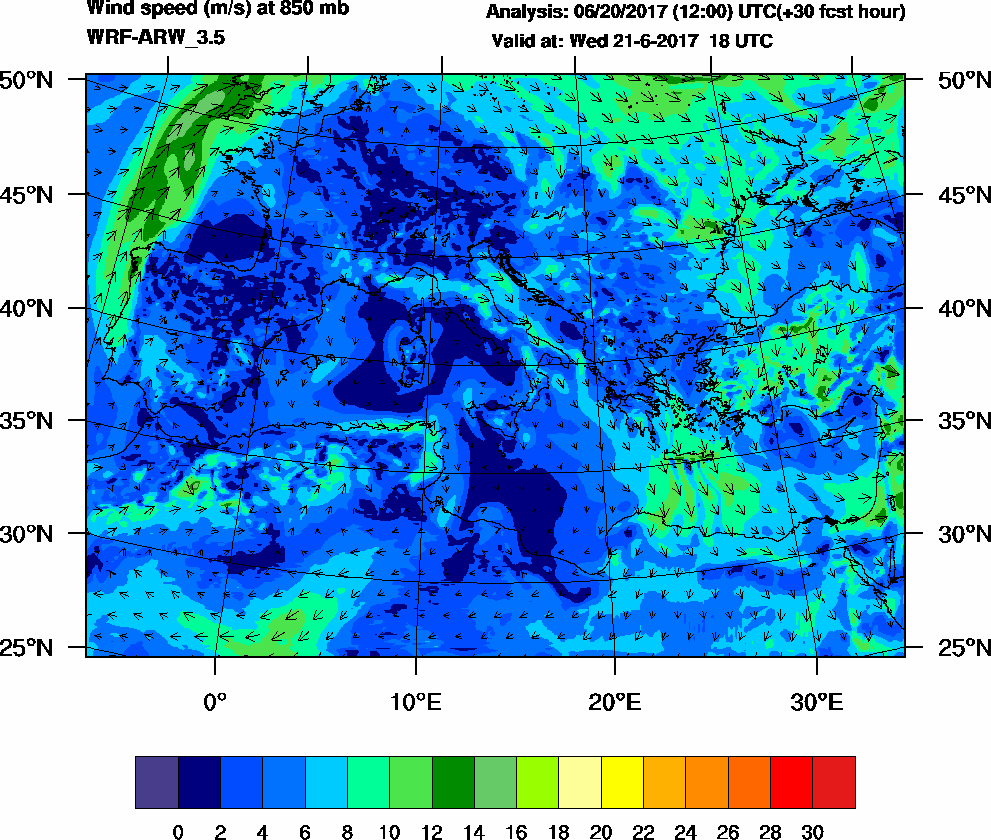 Wind speed (m/s) at 850 mb - 2017-06-21 18:00