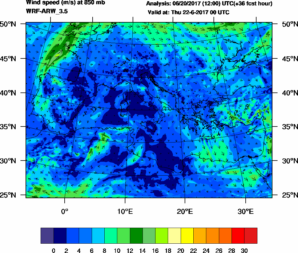 Wind speed (m/s) at 850 mb - 2017-06-22 00:00