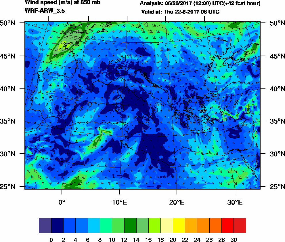 Wind speed (m/s) at 850 mb - 2017-06-22 06:00